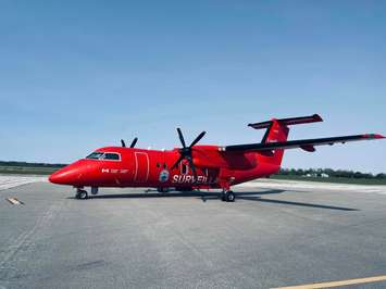 Transport Canada's Dash 8 surveillance aircraft lands in Sarnia. May 17, 2023. Image courtesy of Mike Roberts.