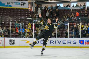 Sting forward Nolan Burke named the second star in Game 2 of the Sarnia's opening round matchup against the Guelph Storm. 2 April 2023. (Metcalfe Photography)