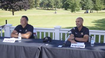 Sarnia Sting GM Dylan Seca (left) introduces Alan Letang (right) as the new head coach of the Sarnia Sting.  22 June 2021.  (BlackburnNews.com file photo)