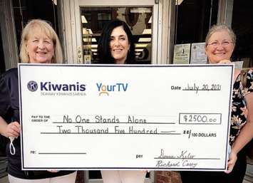Seaway Kiwanis makes a $2,500 donation to assist with the publication of a Guide To Resources & Supports for Mental Health Services in Sarnia-Lambton, entitled “No One Stands Alone.”  August 2021.  (Submitted photo)