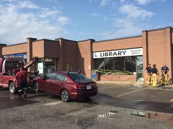 Damage to Mallroad Library after a car slammed into the building Aug 15, 2017. BlackburnNews.com photo by Melanie Irwin.