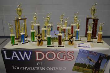 Some of the trophies awarded to retiring Windsor Police K9 Officer Kato, at the Dillson Armoury, December 17, 2018. Photo by Mark Brown/Blackburn News.