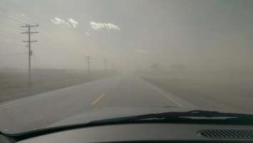Soil blows across the road in Chatham-Kent, causing visibility issues for drivers. March 8, 2017. (Submitted photo)