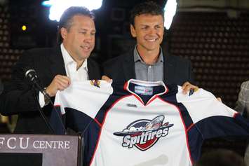 Windsor Spitfires Vice President and General Manager Warren Rychel announces Rocky Thompson as the team's new head coach, July 3, 2015. (Photo by Jason Viau)