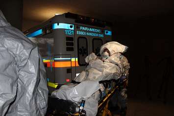 EMS and WRH staff conduct drill of a mock Ebola patient scenario. (Photo by Maureen Revait)