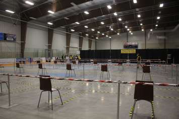 The waiting area at the mass vaccination clinic at the Libro Credit Union Centre in Amherstburg, March 29, 2021. (Photo by Maureen Revait) 
