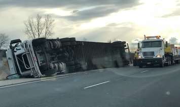 The scene after an early morning crash on the westbound Highway 401 in Chatham-Kent near Victoria Road. (Photo courtesy of Chatham-Kent OPP)
