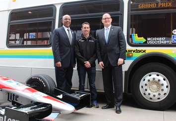 (left to right) Detroit Grand Prix General Manager Charles Burns, TUDOR United Sportscar Championship Driver Dane Cameron, and Windsor Mayor Drew Dilkens at Transit Windsor's downtown bus terminal, April 23, 2015. (Photo by Mike Vlasveld)