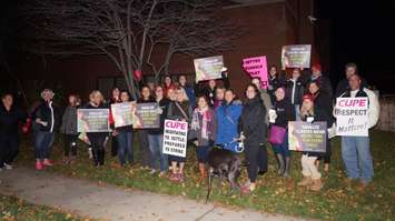 About 100 members protested in a CUPE 'respect rally' Tuesday evening outside the Lambton Kent District School Board. October 27, 2015 (BlackburnNews.com Photo by Briana Carnegie)