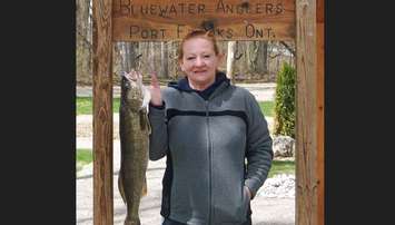 Tammy Milne of Lambton Shores in the Walleye category with a 7.56 lb. Walleye. (Photo by Bluewater Anglers)