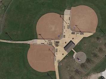 Aerial view of ball diamonds at St. Clair College Thames Campus. (Photo courtesy of the Municipality of Chatham-Kent).