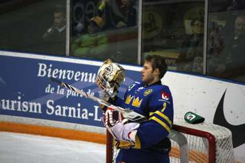 Filip Gustavsson makes 35 saves in a 2-0 shutout of Canada  White at the U-17 tournament in Sarnia Nov. 6, 2014 (BlackburnNews.com photo by Dave Dentinger)