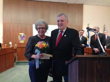 Wilma McNeill is presented with the Lieutenant Governor's Community Volunteer Pin at Sarnia’s 100th Birthday Celebration May 7, 2014 BlackburnNews.com (Photo by Melanie Irwin)
