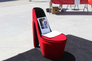 Red shoe sculpture at Chatham-Kent Walk a mile in her shoes event. June 3, 2017. (Photo courtesy of Sarah Cowan Blackburn News Chatham-Kent) 