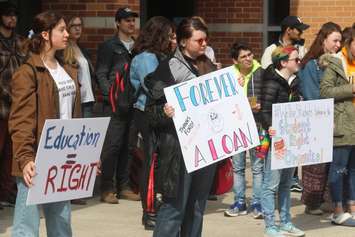 University of Windsor students participate in a rally coinciding with a walkout to protest planned OSAP cuts at the CAW Student Centre, March 20, 2019. Photo by Mark Brown/Blackburn News.