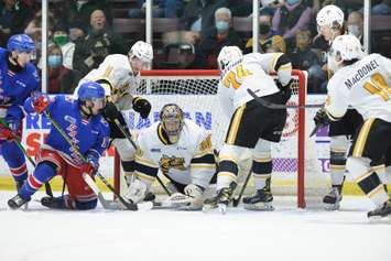 Sarnia Sting vs the Kitchener Rangers on Sunday, December 5, 2021.  Photo courtesy of Metcalfe Photography.