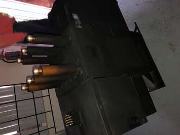 Blackened equipment, that used to be green, at Bluewater Power's Maxwell Street substation following lightning strike. Photo courtesy of Bluewater Power.