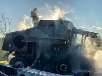 Combine fire in the 5900 block of Lasalle Line. October 27, 2019. (Photo courtesy of Petrolia & North Enniskillen Fire Department via Facebook)