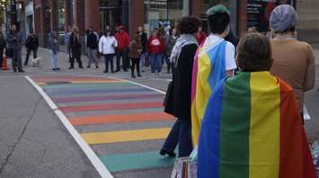 Rainbow crosswalk at the intersection of Christina Street and Lochiel Street in Sarnia. October 17, 2019. (BlackburnNews.com photo by Colin Gowdy)