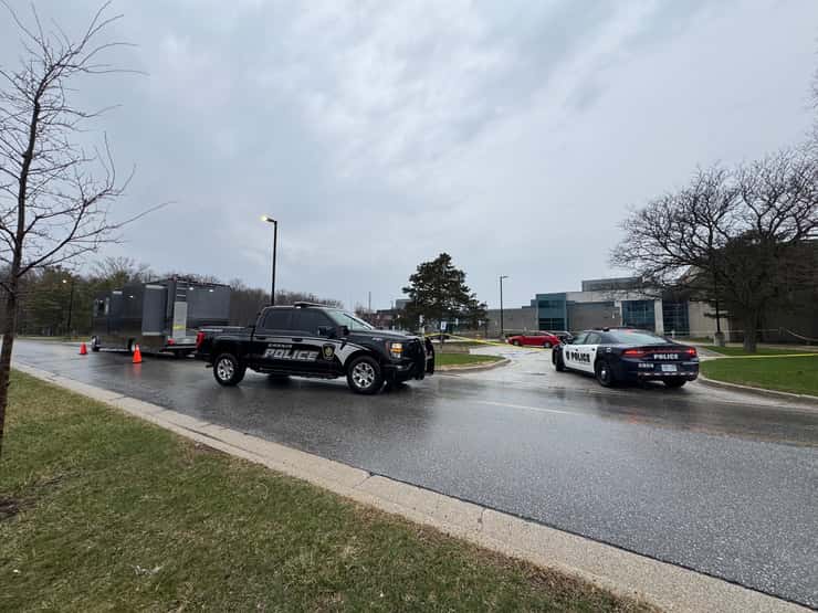 Sarnia police investigate a homicide at Lambton College. April 10, 2026. Blackburn Media photo by Melanie Irwin.