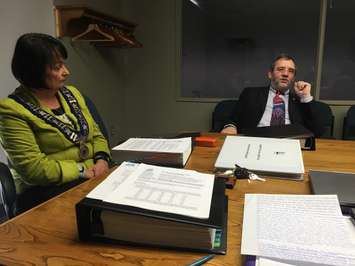 Lambton County Warden Bev MacDougall and General Manager John Innes discuss the 2016 budget with members of the media February 17, 2016 (BlackburnNews.com Photo by Briana Carnegie)