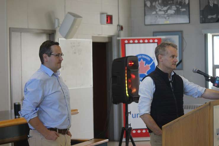 Federal Labour Minister Seamus O'Regan, right, participates in a townhall meeting at Unifor Local 444/200 Hall in Windsor, as Windsor-Tecumseh MP Irek Kusmierczyk looks on, November 14, 2023. Photo by Mark Brown/WindsorNewsToday.ca.