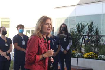 Windsor-West candidate Sandra Pupatello speaks at Liberal leader Justin Trudeau's campaign stop in Windsor, September 17, 2021. (Photo by Maureen Revait)