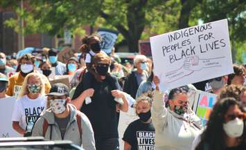 Hundreds march in Sarnia's downtown for  Black Lives Matter rally June 13, 2020 (BlackburnNews.com photo by Dave Dentinger)