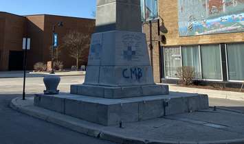 Vandalism at the Chatham Cenotaph. March 1, 2023. (Photo by Matt Weverink)