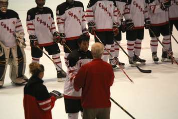 Jordan Kyrou of Canada White accepts Player of the Game honours in 2-0 loss to Sweden Nov. 6.2014 (BlackburnNews.com photo by Dave Dentinger)