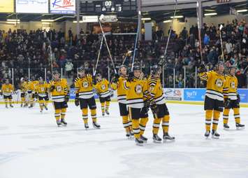 The Sarnia Sting beat the Greyhounds 5-3, handing the Soo their 1st reg. loss in 30 games. January 19, 2018. (Photo courtesy of Metcalfe Photography)