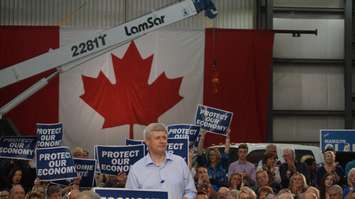 Prime Minister Stephen Harper at campaign rally at LamSar Sept. 20, 2015 (BlackburnNews.com photo by Dave Dentinger)