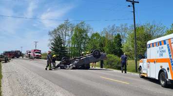 Crews respond to two-vehicle collision on Sparta Line in Central Elgin. Photo courtesy of OPP West Region via Twitter.