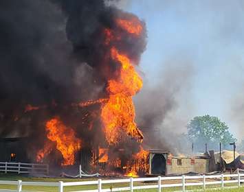 A barn fire at 2966 Brigham Rd. in Delaware, June 1, 2023. Photo courtesy of Middlesex OPP.