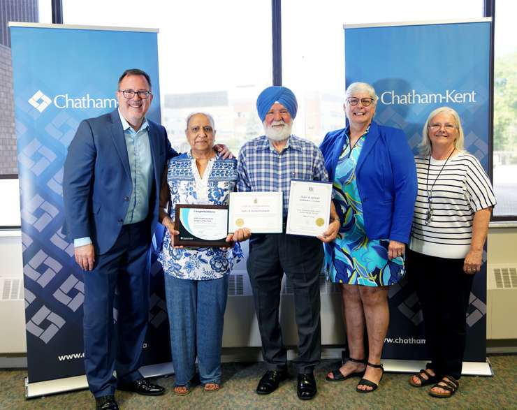 From left: Chatham-Kent Mayor Darrin Canniff poses for a photo with the 2025 CK Seniors of the Year, Inder and Jarnail Gahunia, along with M. Clare Latimer and Marjorie Crew.