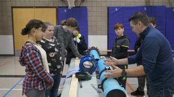Students at St. Matthew's Catholic School in Sarnia taking part in a skilled trades workshop put on by LiUNA Local 1089. October 30, 2019. (BlackburnNews.com photo by Colin Gowdy) 