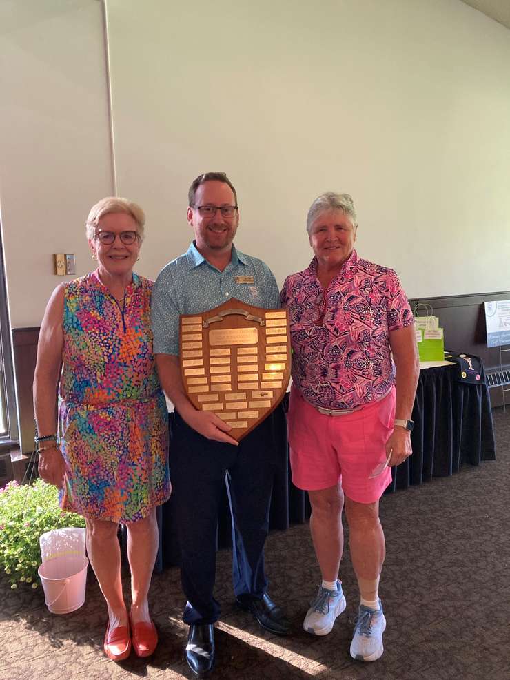 Sarnia Golf Overall Low Gross Champions Kathy Pilkey and Debra McDonald with SGCC Associate Professional Jeff Yates. 4 July 2023. (Photo by SGCC)