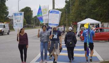 OPSEU members walk the picket line at Lambton College's Wellington Street entrance. September 24, 2025. (Photo by Natalia Vega)