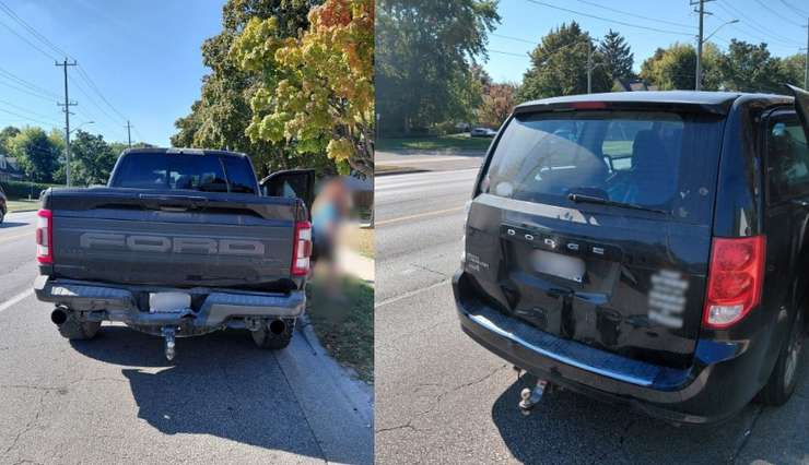 Vehicles involved in chain reaction collision at Exmouth Street and Murphy Road on October 5, 2025. (Photo courtesy of the Sarnia Police Service)