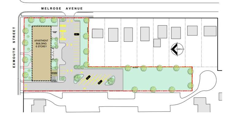 Proposed site plan for affordable housing project in Sarnia at Exmouth Street and Melrose Avenue. Image included in Sarnia City Council agenda for October 20, 2025.