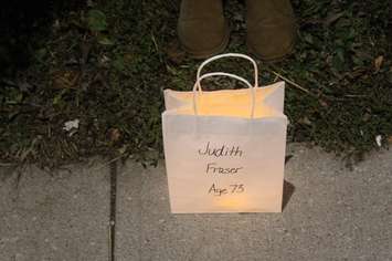 One of the bags at the luminary ceremony at the Chatham-Kent Women's Centre. November 30, 2016. (Photo by Natalia Vega)