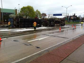 A transport truck rollover blocks the passenger entrance of the Ambassador Bridge, April 28, 2016. (Photo by Jason Viau)