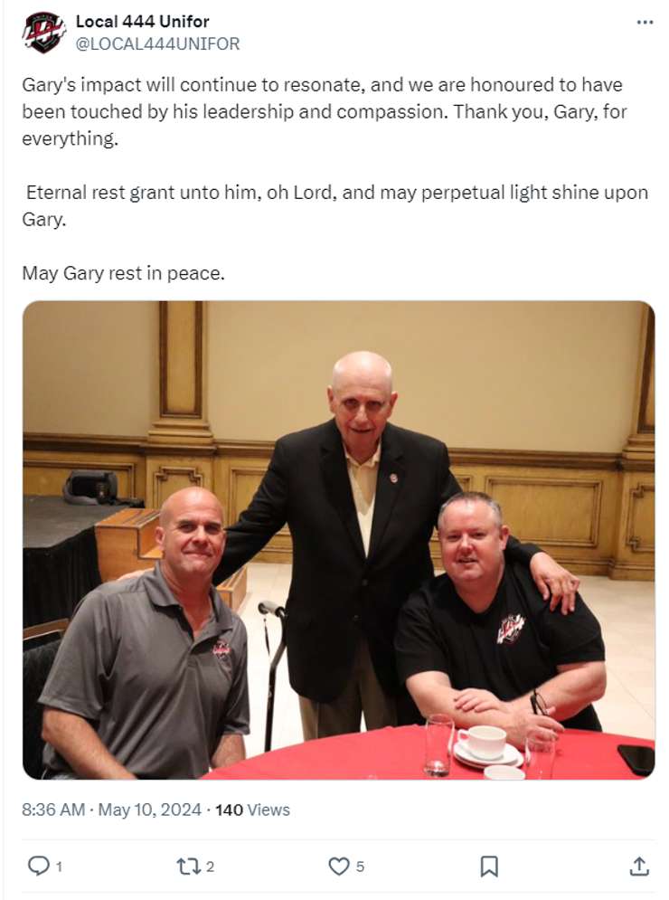 (Unifor Local 444 tribute to Gary Parent on Twitter)