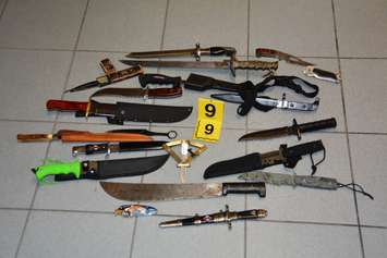 Chatham-Kent police seized a number of knifes during a raid at a Thamesville home January 13, 2016, (Photo courtesy C-K Police) 