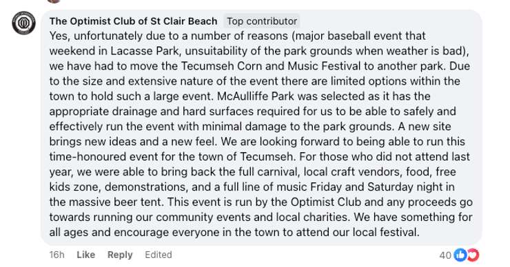 A screenshot of a post to a private Facebook group from the Optimist Club of St. Clair Beach, which oversees the annual Tecumseh Corn and Music Festival. Submitted image.