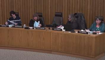 From left to right: Student Trustee Colin Pyne, Trustee Connie Buckler, Trustee Julia Burgess, and Trustee Kim McKinley of the Greater Essex District School Board. (Photo via video GECDSB)