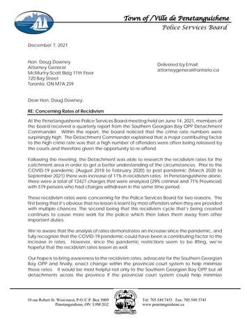 A letter the Sarnia Police Service Board received from the Town of Penetanguishene, in Simcoe County, indicating their concerns with recidivism statistics.  December 2021. 