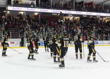The Sting salutes the crowd after a 2-1 win over Guelph. March 10, 2018. (Photo courtesy of Metcalfe photography)