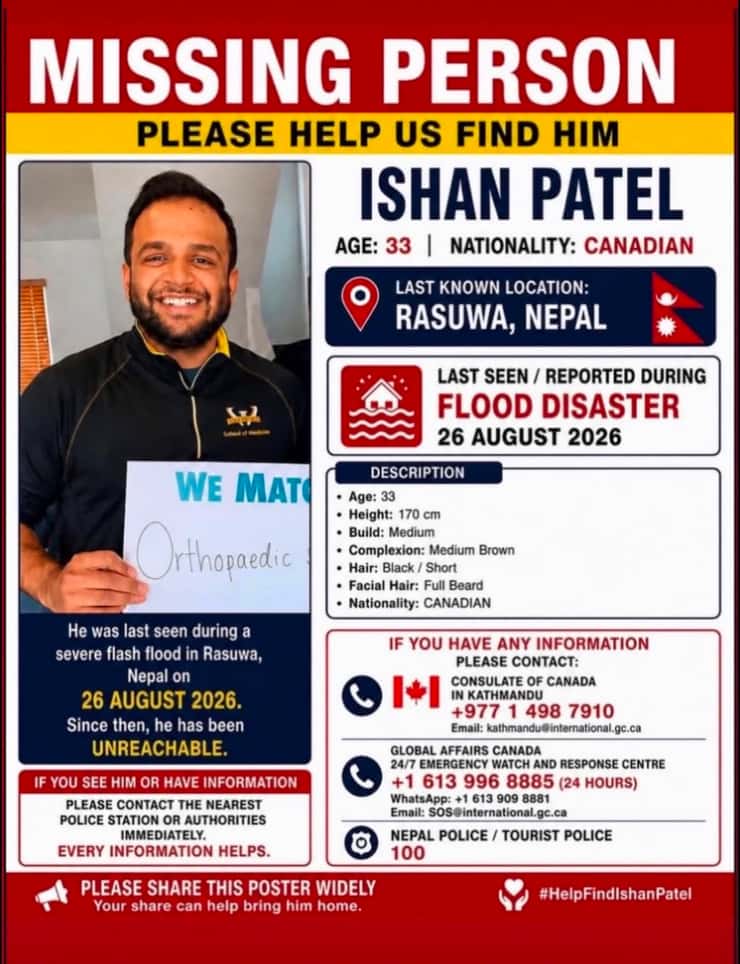 A missing persons poster of Ishan Patel being circulated by family on Facebook.