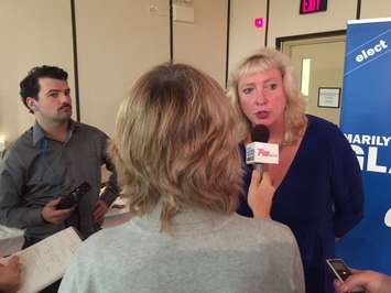 Sarnia-Lambton MP-elect Marilyn Gladu speaks to BlackburnNews.com reporters during election results. October 19, 2015 (BlackburnNews.com Photo by Aaron Zimmer)